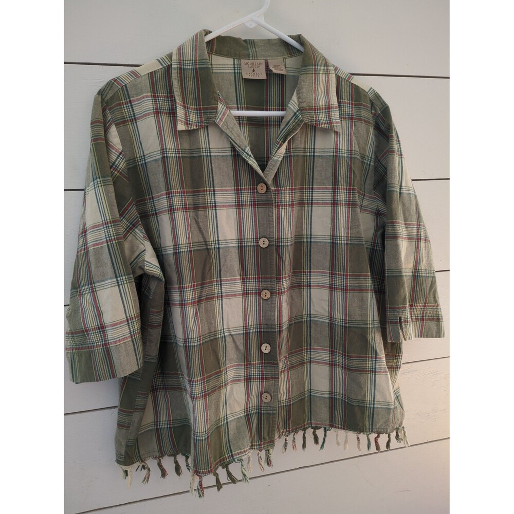 Mountain lake 1X x plaid shirt Fringe cropped petite 100% cotton fall cabin boho